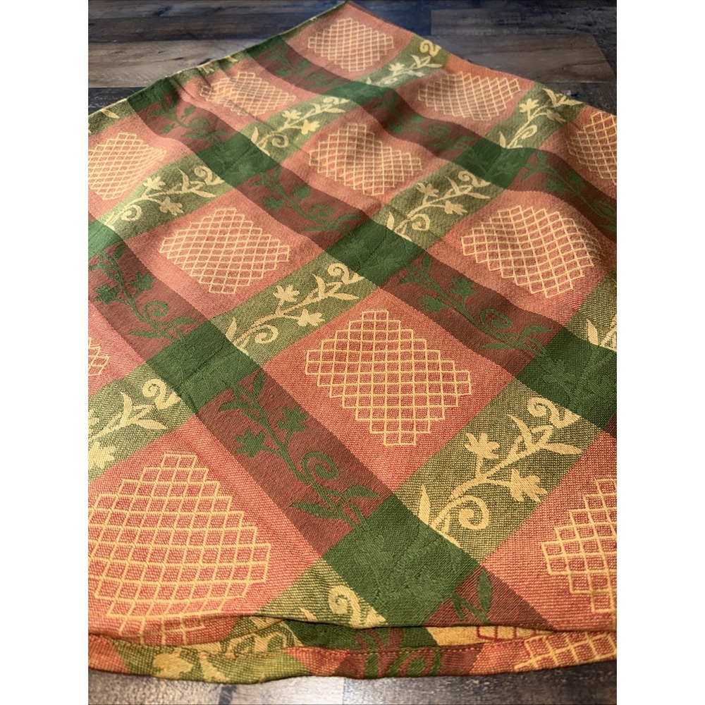 Fall Plaid Round Tablecloth 60" Green Rust Orange Leaves Thanksgiving Halloween